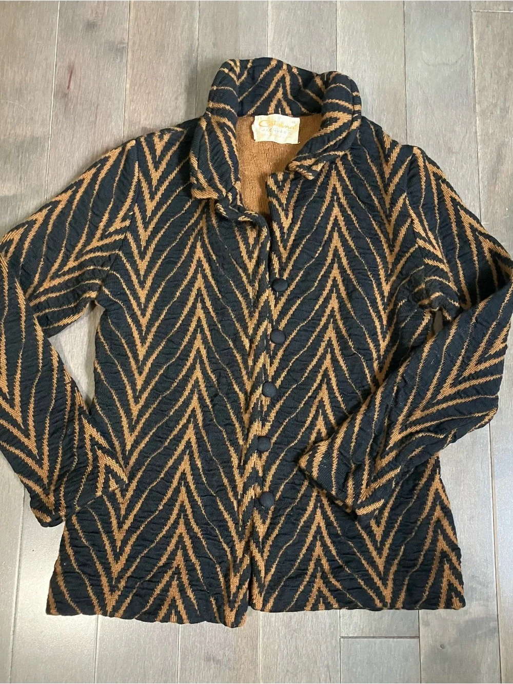 Vintage Made in USA Catalina Black & Brown Chevron-Patterned Women's Wool Jacket